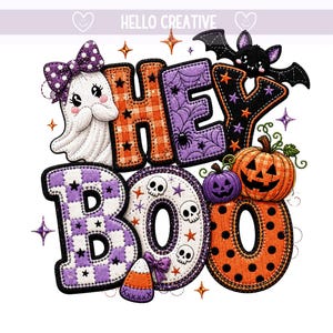May include: A colorful Halloween-themed embroidery design featuring the text HEY BOO. The letters are decorated with orange plaid, purple spiderwebs, black stars, and white skulls. A white ghost with a purple bow, a black bat, and pumpkins are included.