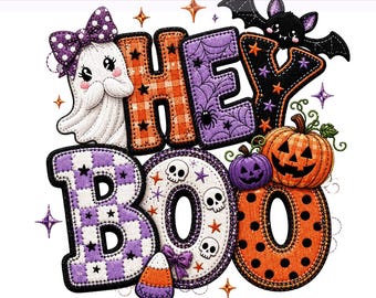 Hey Boo Halloween PNG, Quilt Patchwork Ghost Pumpkin Bat PNG, Halloween Png, Faux Halloween Png Sublimation Design, PNG Digital Download