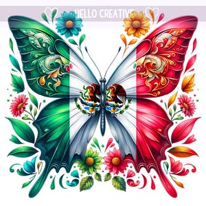 Op de afbeelding: Een kleurrijke vlinder met de Mexicaanse vlag op zijn vleugels. De vlinder wordt omringd door bloemen en bladeren.
