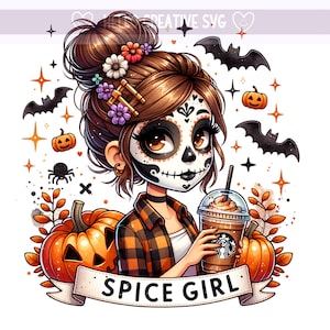 Spice Girl png, schattige herfstkoffie clipart, skeletkoffie, Falls Spice Girl, Halloween, pompoen, sublimatieontwerp, digitale download png