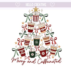 PNG "Para estar alegre y con cafeína", PNG navideño, PNG de árbol de café, PNG de café navideño, PNG estilo preppy, diseño para sublimación, descarga digital PNG