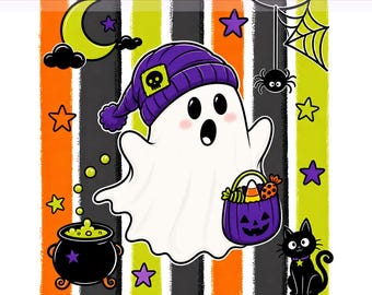 Chłopiec z duchem Halloween Png, Straszny duch, Pasiasty upiorny sezon, Dziecięca czapka z duchem, Projekt sublimacji, Pobieranie cyfrowe PNG