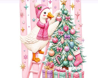 Preppy Christmas Tree PNG, Christmas Goose, Coquette Christmas Tree, Coquette Teal Pink Bow, Sublimacja, Digital Download PNG