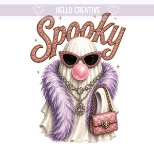 Puede incluir: Una ilustración de fantasma blanco con el texto HELLO CREATIVE y Spooky arriba. El fantasma lleva gafas de sol de ojo de gato rosas, una boa de plumas morada, un collar de cristales en capas con un colgante de lágrima y un bolso acolchado.
