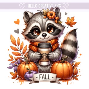 Raton laveur automne PNG, drôle de raton laveur automne Clipart, raton laveur Halloween, Halloween png, raton laveur café, conception par sublimation, téléchargement numérique PNG