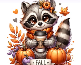 Raccoon Fall PNG, Funny Raccoon Fall Clipart, Raccoon  Halloween, Halloween png, Raccoon Coffee, Sublimation Design, PNG Digital Download