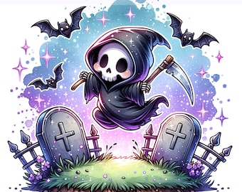 Spooky Grim Reaper PNG, Cute Halloween Grim Reaper PNG, Spooky Graveyard Clipart, Halloween, Sublimation Design, PNG Digital Download