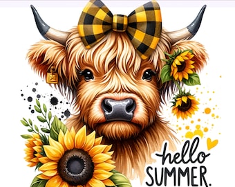 Hello Summer PNG, Sarcastic Highland Cow Clipart, Sunflowers Heifer Cow, Heifer png, Sublimation Design, PNG Digital Download