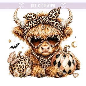 Highland Cow Fall PNG, Autumn Pumpkin Bow, Leopard Highland Cow, Heifer Png, Spooky Fall Cow, Sublimation Design, PNG Digital Download