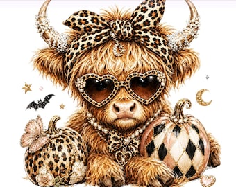 Vaca de las Tierras Altas en otoño PNG, Lazo de calabaza de otoño, Vaca de las Tierras Altas con leopardo, Vaca PNG, Vaca espeluznante de otoño, Diseño de sublimación, Descarga digital PNG