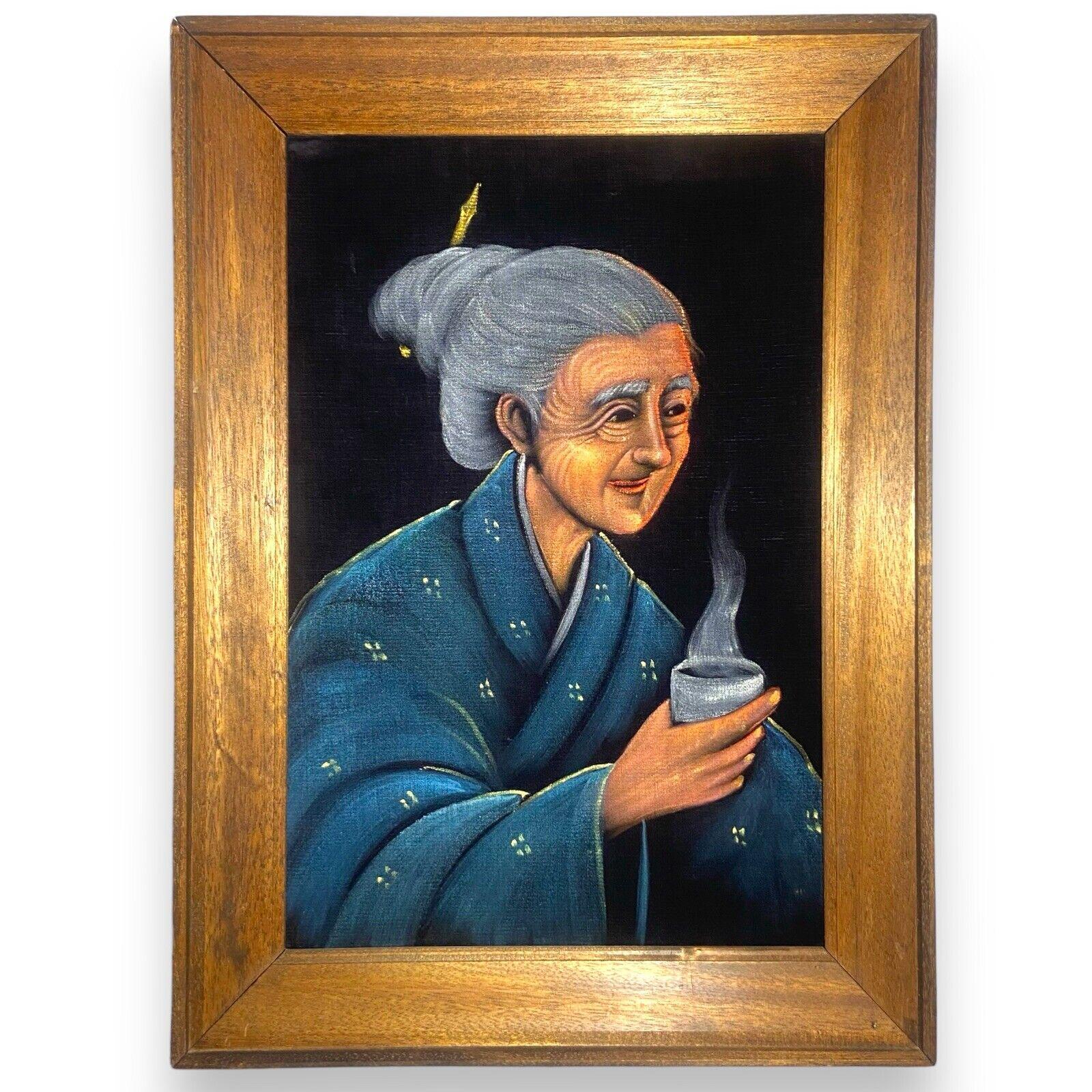Vintage Black Velvet Painting Asian Woman Portrait Wood Frame 15.5