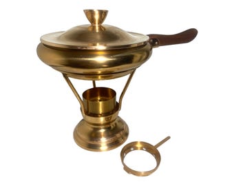 Vintage Copper Chafing Dish Set: Mid Century Fondue Warmer with Wood Handle