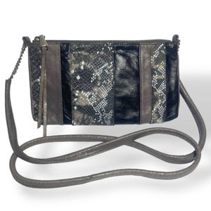 Bolso bandolera vintage tipo hobo de WOC, de piel auténtica, con estampado de serpiente gris, 23 x 13 cm, con cadena