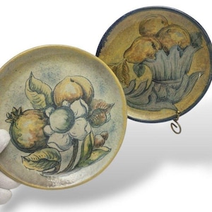 May include: Two decorative ceramic plates with hand-painted fruit and floral designs. One plate features a pomegranate and flower, the other has a cluster of fruit. The plates have a rustic, vintage aesthetic with a muted color palette.