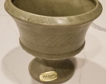 May include: A green ceramic planter with a pedestal base. The planter has a textured surface and a gold sticker on the bottom that reads "Copyrighted 1971 by Haeger Pottery, Inc.  Joliet, Ill."