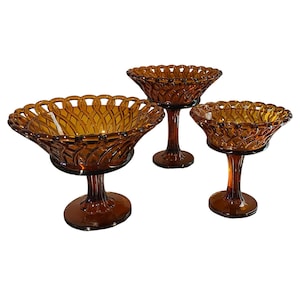Pedestal Compotes Glass Bowls on Pedestal Vintage Amber Glass Open Lace Glass Set of 3 various sizes