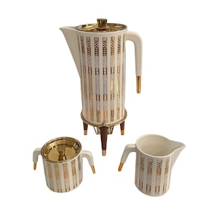 Georges Briard Coffee Set Vintage Coffee Server Carafe Creamer and Sugar Bowl Warming Stand Linometric Design