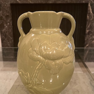 Red Wing Pottery Vase Magnolia pattern Double Handled Light Green Vintage Vase