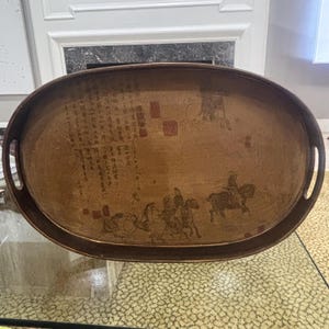Vintage Wood Tray Chinese Calligraphy Horsemen Art Decor Vintage Oval Serving Tray