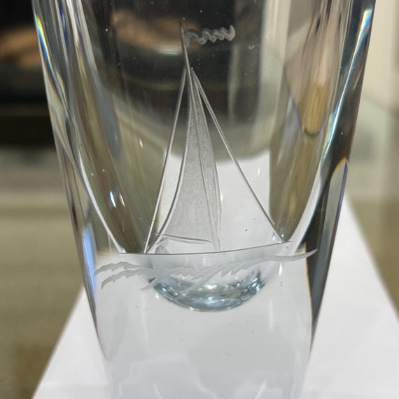 Sailboat Vase Strombergshyttan Signed Crystal Sweden Etched