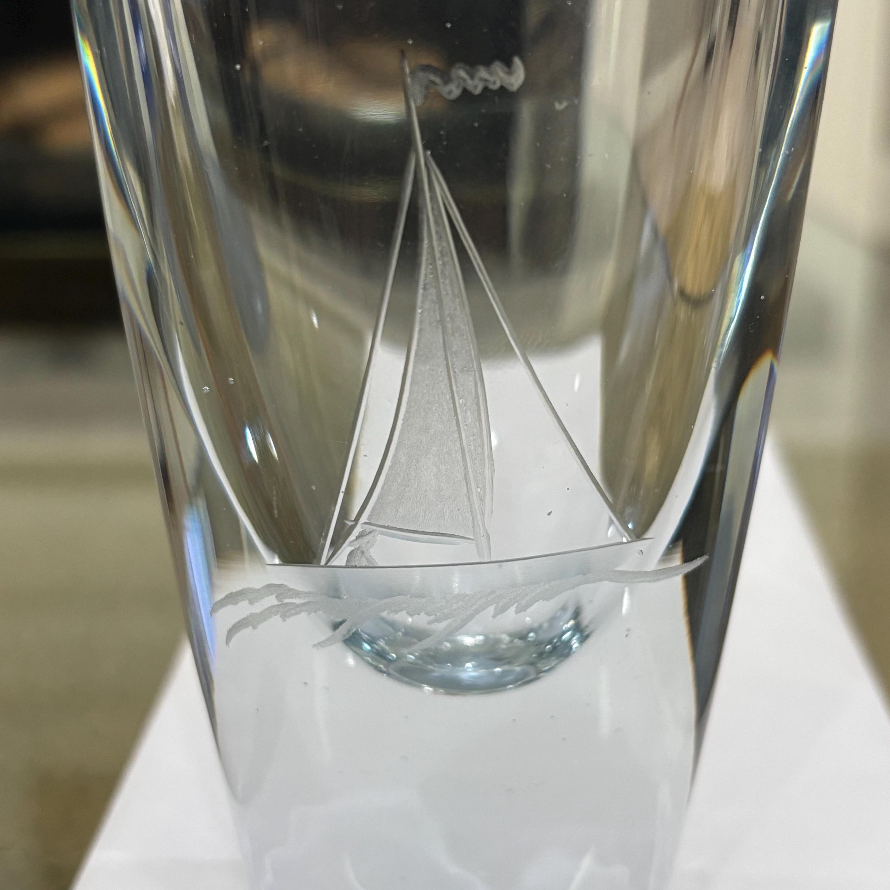 Sailboat Vase Strombergshyttan Signed Crystal Sweden Etched