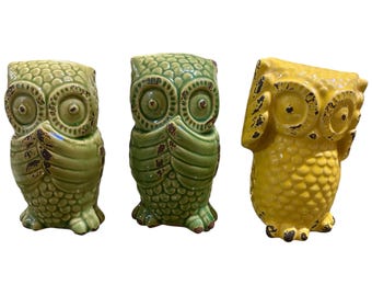 Vintage Owl Three Wise Yellow Green Glazed Ceramic Storage Decor