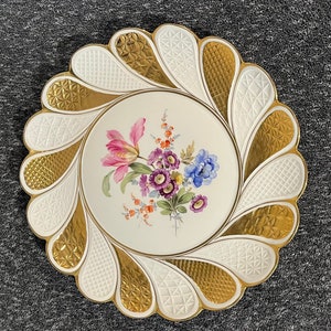 Meissen Porcelain Plate Hand Painted Floral Bouquet Porcelain Plate Vintage Scalloped Gold and White Meissen Plate