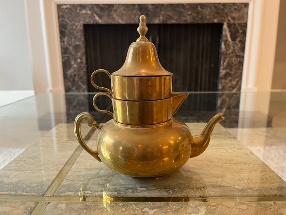 Brass Stacking Personal Teapot W/pot, Creamer, Tea Cup and Lid W/bell 