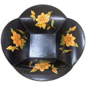 Toleware Bowl Vintage Black Metal Floral Hand Painted Yellow Flowers Decorative Catchall Dish Fruit Bowl Bread Bowl