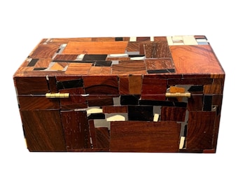 Norman Brumm Inlaid Wood Box Abalone Bone Mixed Media Artisan Box Redwood Pewter Signed Art Gallery Documents Brutalist Style