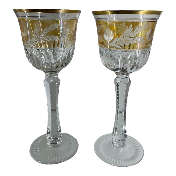 2 Ebeling & Reuss Emperor Colors Pattern Yellow Topaz Hock Wine Glasses Germany Wine Glasses Set of 2 Topaz with Gold Trim