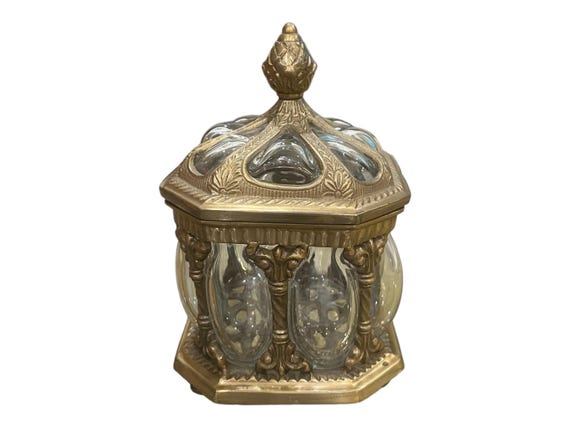 Brass & Hand Blown Vintage Glass Jar Trinket Box with Lid Bulbous Glass Jar Vintage Apothecary