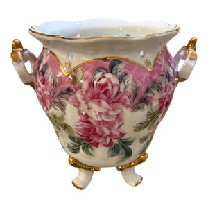 Vintage Formalities by Baum Bros Floral Cache Pot Vase Pink Roses Gold Trim Footed Planter Cottage Chic Decor
