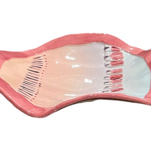 May include: A pink and white ceramic serving dish with a wavy edge and a decorative design. The dish has a light pink rim and a white center with a pink and white pattern.