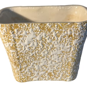 May include: A yellow ceramic planter with a white speckled glaze. The planter has a rectangular shape with rounded corners.