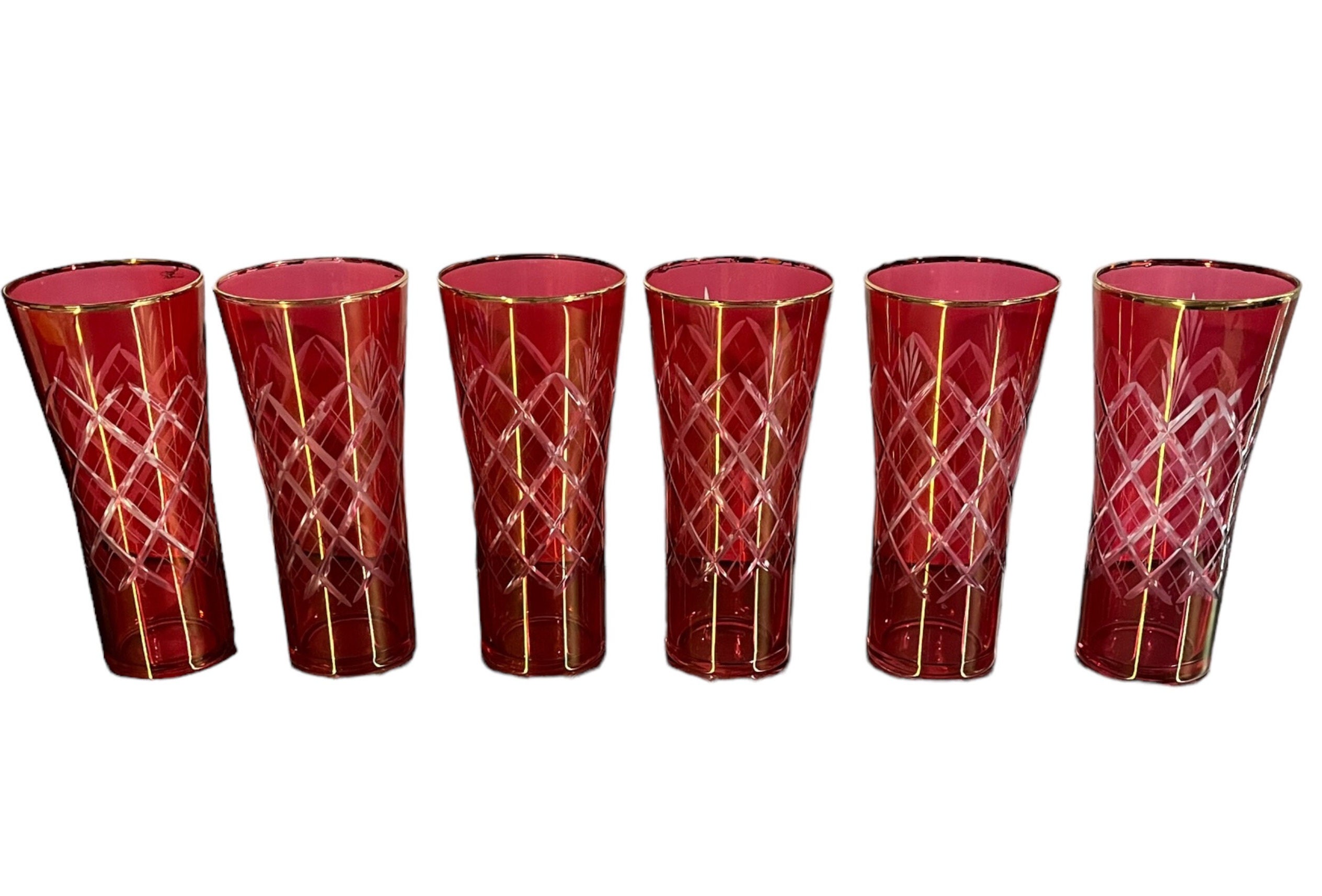 4 white drinking glasses tumblers hand blown red rim 4.5 tall art glass  Vintage