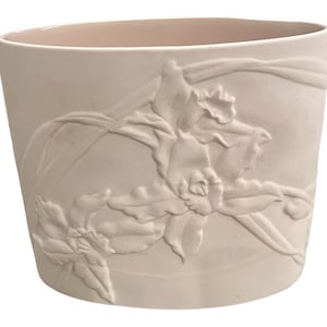 Vase Oval Orchid Design Vintage Santa Barbara 3D Floral Design Off White Planter