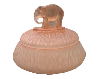 LE Smith Pink Elephant Powder Jar Satin Glass Art Deco Vintage Elephant Dish with Lid Charles H. Oestreich design 1930s