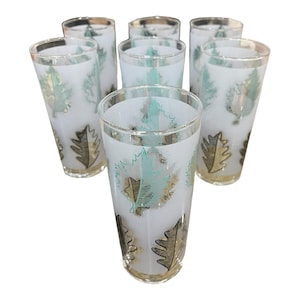 Libbey Frosted Glasses Set of 7 Turquoise & Black Leaf Pattern Vintage Barware