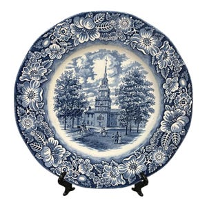 Liberty Blue Independence Hall Plate: Staffordshire Ironstone Colonial Decor