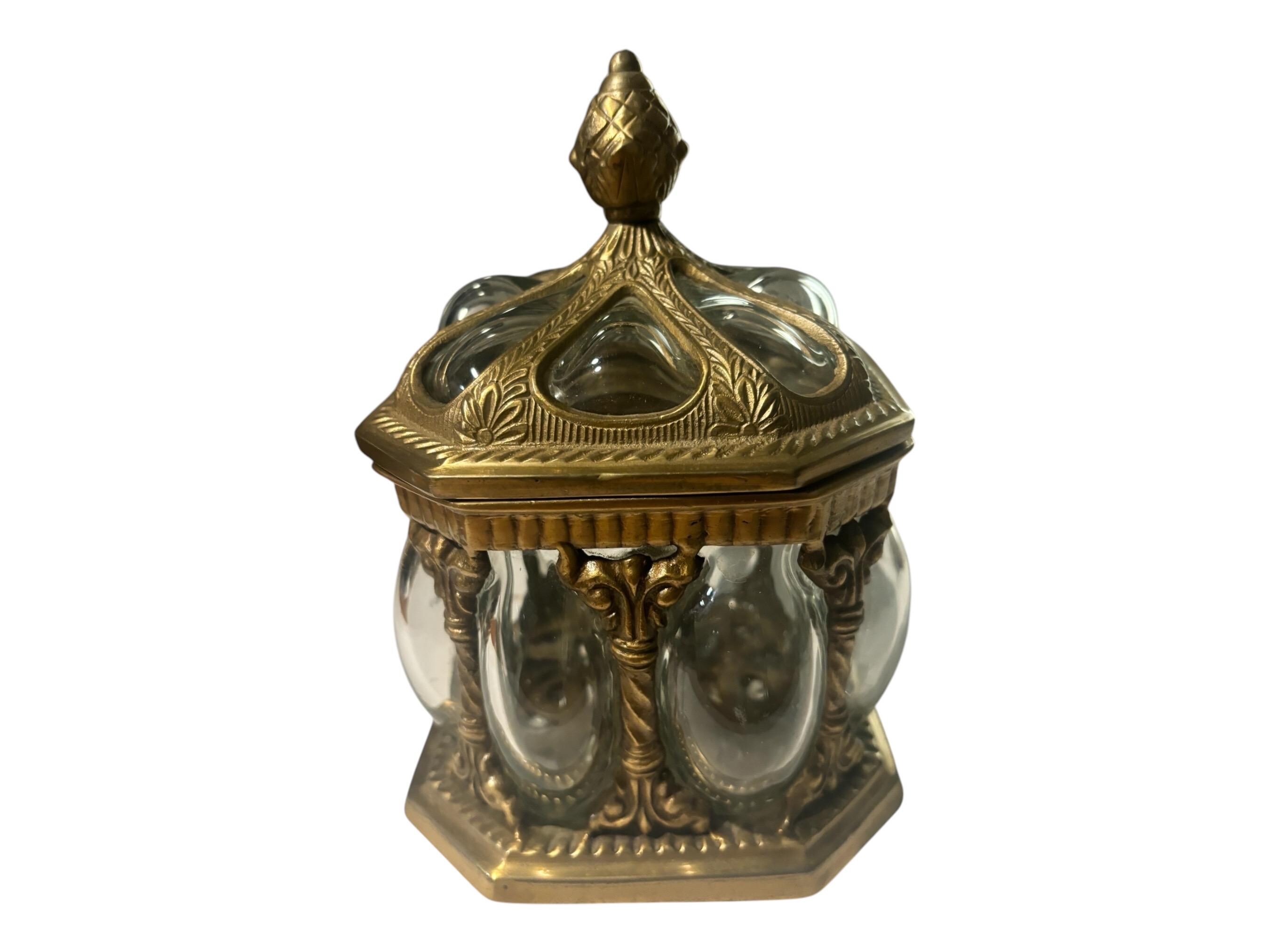 Brass & Hand Blown Vintage Glass Jar Trinket Box With Lid Bulbous
