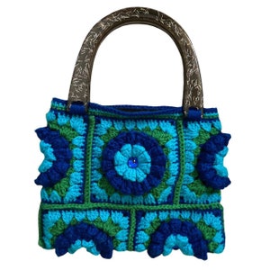 Vintage Floral Crocheted Bag with Glittering Lucite Handles - One-of-a-Kind Retro Accessory