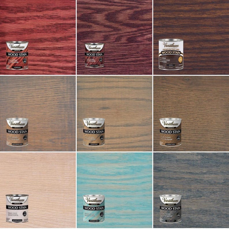 May include: Nine cans of Varathane Wood Stain in various colors, including red, brown, gray, and blue, are displayed against wood grain backgrounds. The cans are small, cylindrical, and feature the brand name and product information.