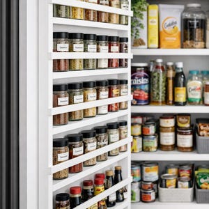 May include: A white spice rack filled with glass jars of various spices. The jars have black lids and white labels. The rack is mounted on a wall next to a pantry with shelves of food items.