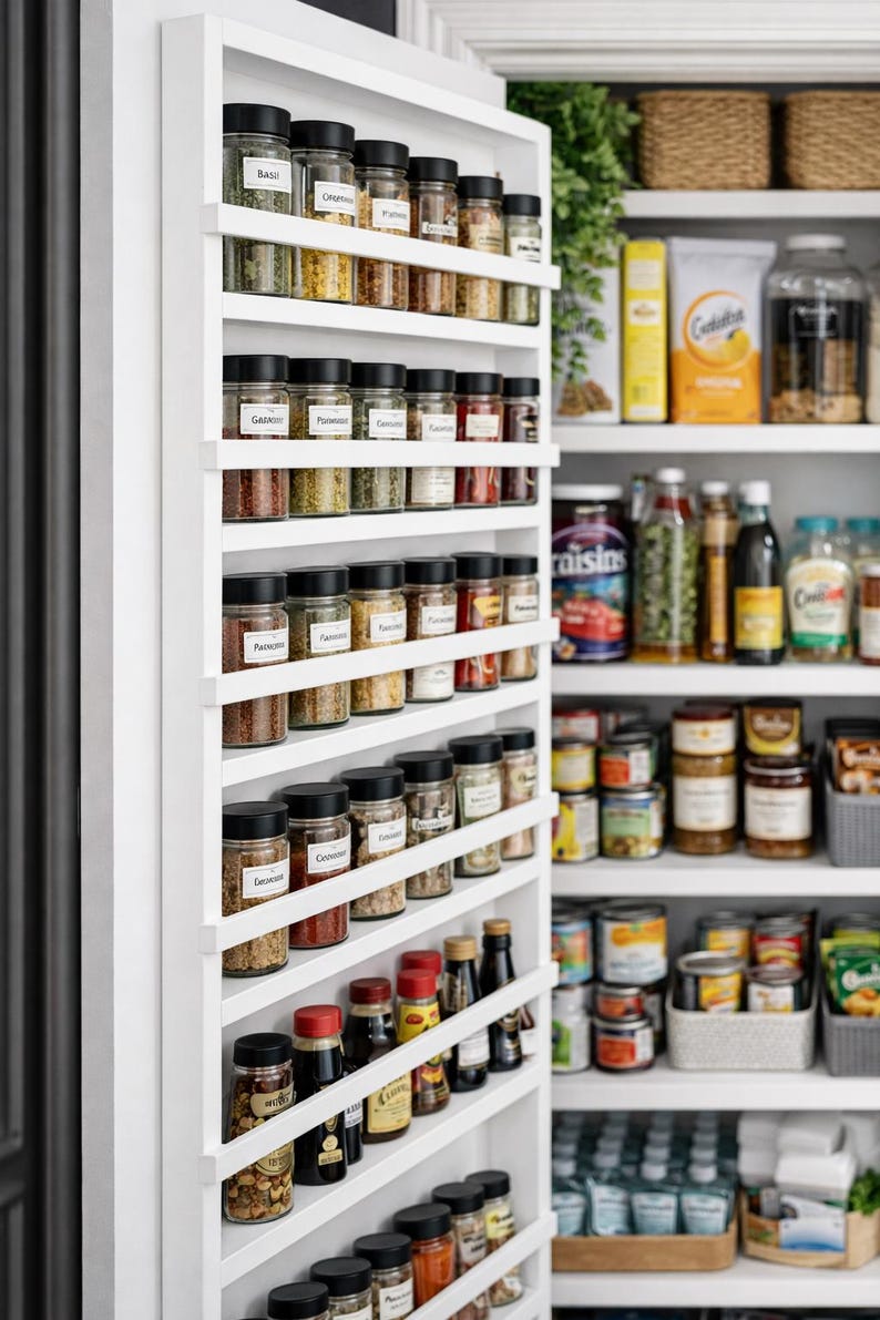 May include: A white spice rack filled with glass jars of various spices. The jars have black lids and white labels. The rack is mounted on a wall next to a pantry with shelves of food items.