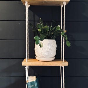 Wooden Hanging Shelf with Rope – Boho Wall Decor, Plant Shelf, Minimalist Storage- Window Plant Shelf- Window Hanging Rope Shelf