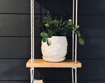 Wooden Hanging Shelf with Rope – Boho Wall Decor, Plant Shelf, Minimalist Storage- Window Plant Shelf- Window Hanging Rope Shelf