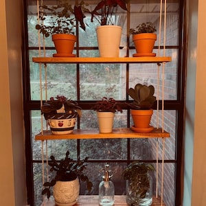 Wooden Hanging Shelf with Rope – Boho Wall Decor, Plant Shelf, Minimalist Storage- Window Plant Shelf- Window Hanging Rope Shelf