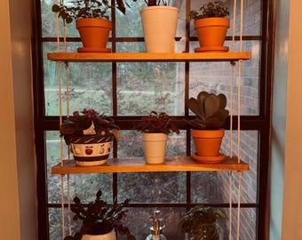 Wooden Hanging Shelf with Rope – Boho Wall Decor, Plant Shelf, Minimalist Storage- Window Plant Shelf- Window Hanging Rope Shelf