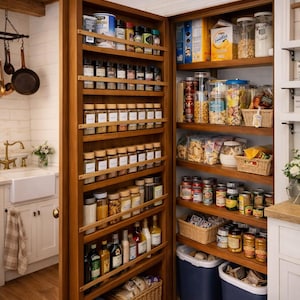 May include: A wooden pantry with shelves filled with various spices, jars, and baskets. The pantry door is open, revealing a well-organized storage space for kitchen essentials. The shelves are stocked with a variety of food items, including canned goods, snacks, and condiments.